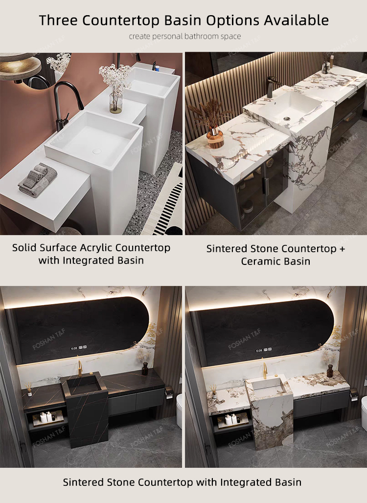 Modern Wall Mounted Wood Bathroom Vanity Cabinet with Smart LED Mirror and Floor Standing Pedestal Basin