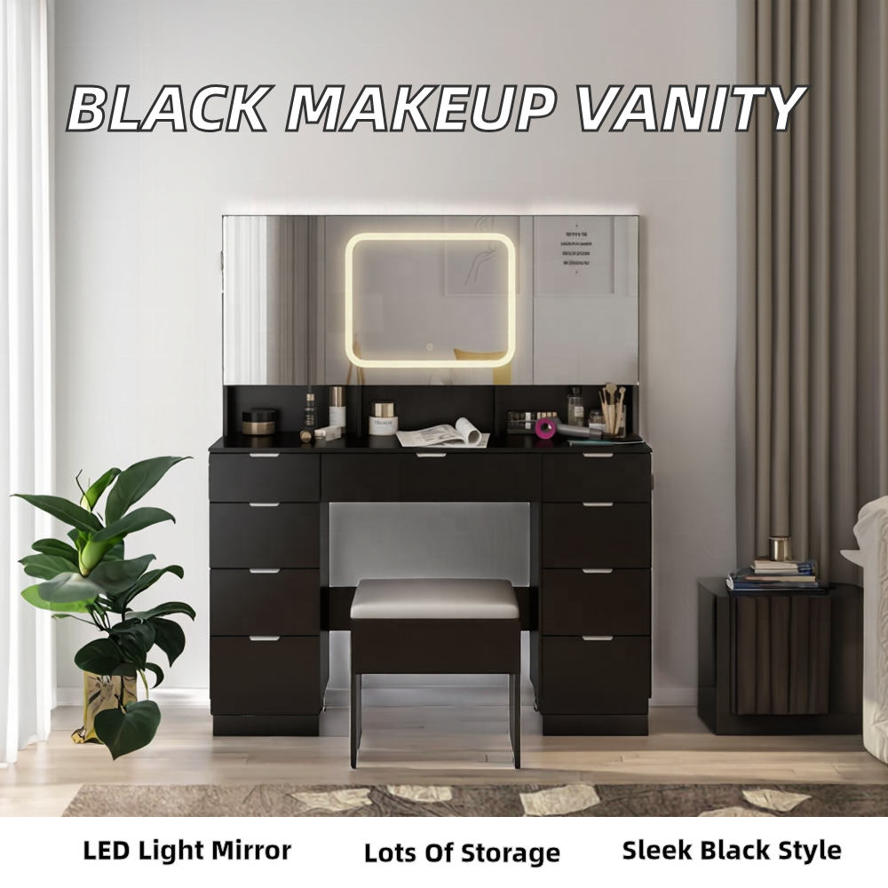 Luxury Black Solid Wood Vanity Table with LED Light Makeup Mirror 7 Drawers Durable Furniture for Bedroom Living Room Hotel Use