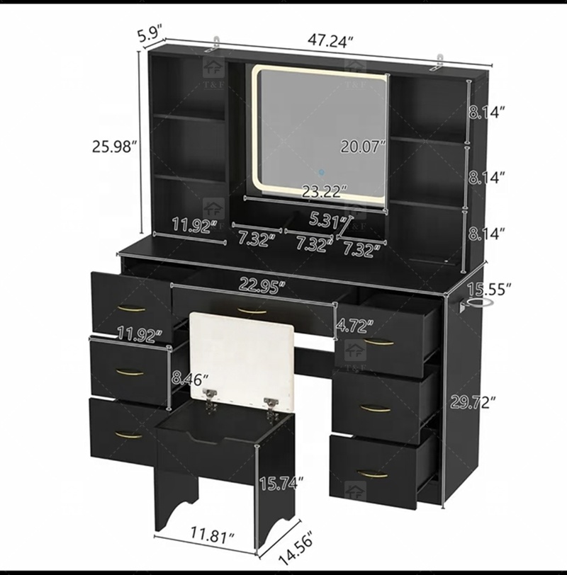 Luxury Black Solid Wood Vanity Table with LED Light Makeup Mirror 7 Drawers Durable Furniture for Bedroom Living Room Hotel Use
