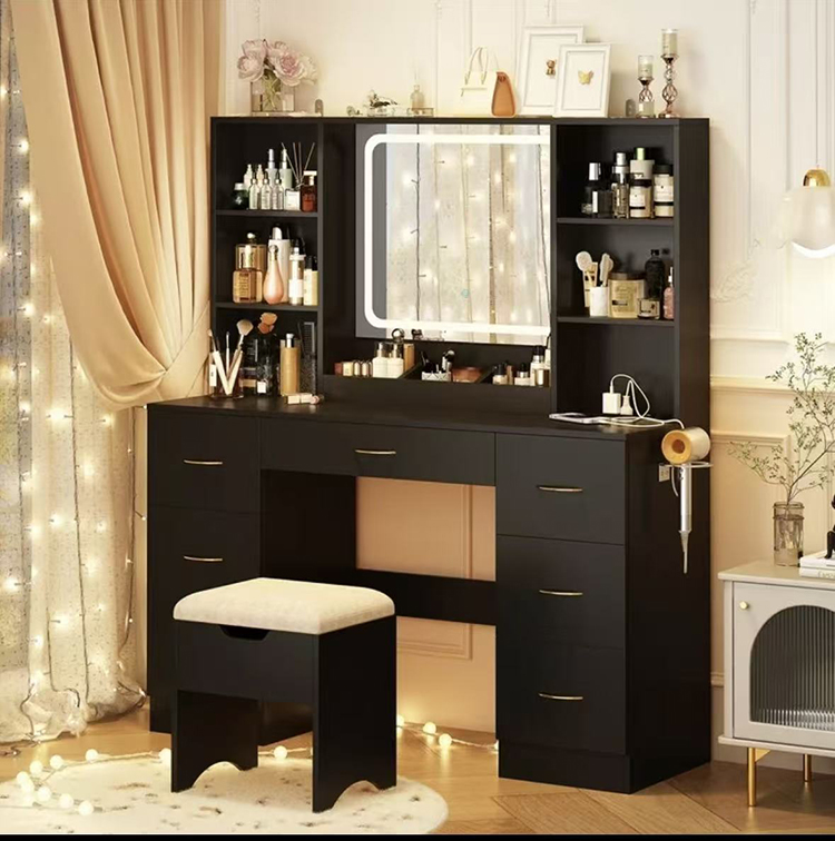 Luxury Black Solid Wood Vanity Table with LED Light Makeup Mirror 7 Drawers Durable Furniture for Bedroom Living Room Hotel Use