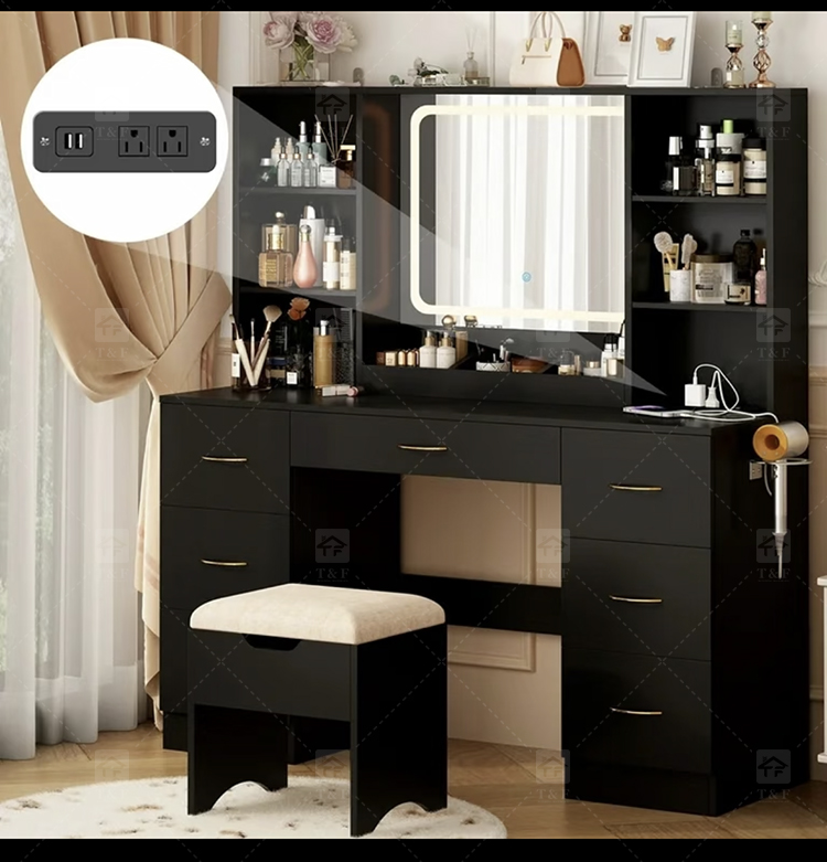 Luxury Black Solid Wood Vanity Table with LED Light Makeup Mirror 7 Drawers Durable Furniture for Bedroom Living Room Hotel Use