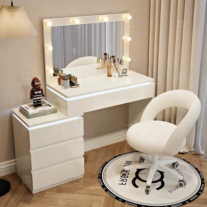 Factory Modern White 13 Drawers Dressing Table and Makeup Vanity Table with Led Light Bulb Mirror Stand Vanity Con Luz Led