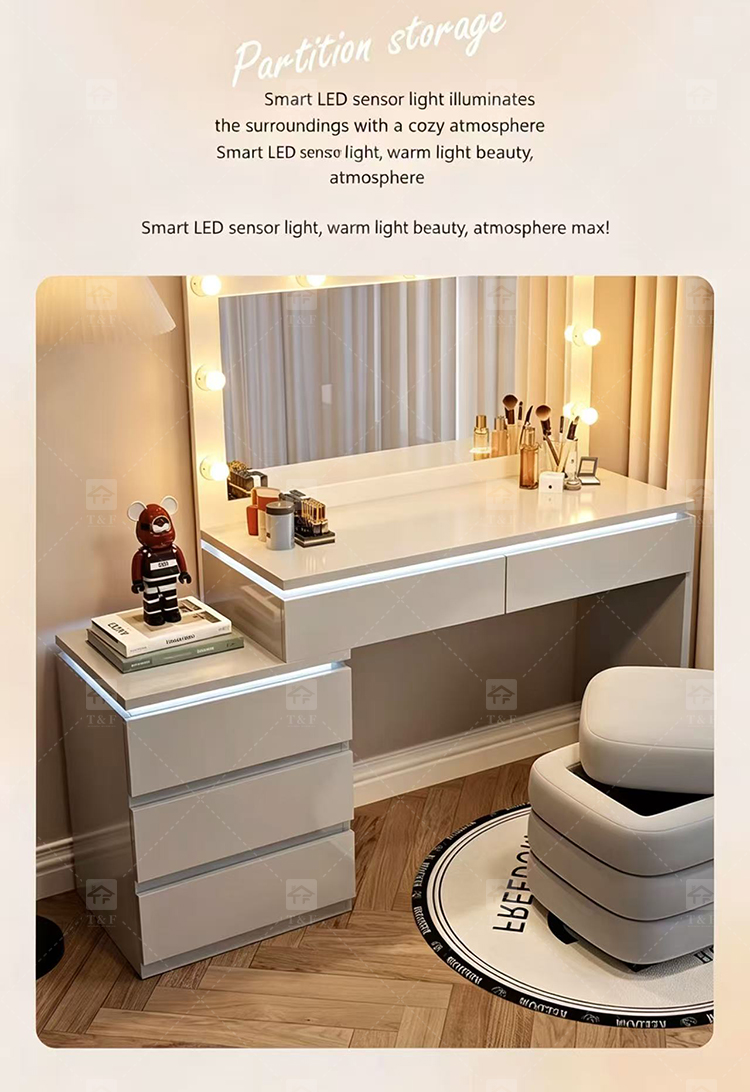 Factory Modern White 13 Drawers Dressing Table and Makeup Vanity Table with Led Light Bulb Mirror Stand Vanity Con Luz Led