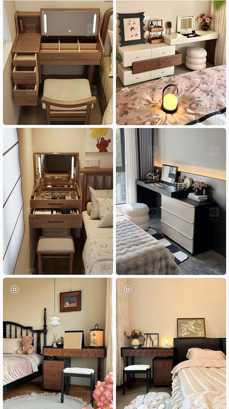 Modern Solid Oak Wood Flip-Top Dressing Table with Square LED Lighted Mirror Hidden Storage Stainless Steel Hardware for Bedroom