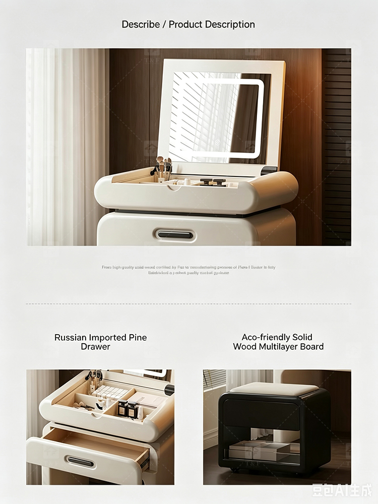 Modern Solid Oak Wood Flip-Top Dressing Table with Square LED Lighted Mirror Hidden Storage Stainless Steel Hardware for Bedroom
