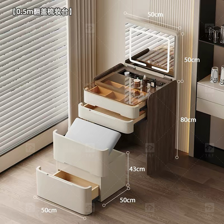 Modern Solid Oak Wood Flip-Top Dressing Table with Square LED Lighted Mirror Hidden Storage Stainless Steel Hardware for Bedroom