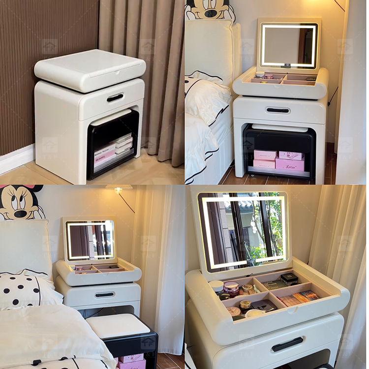 Modern Solid Oak Wood Flip-Top Dressing Table with Square LED Lighted Mirror Hidden Storage Stainless Steel Hardware for Bedroom
