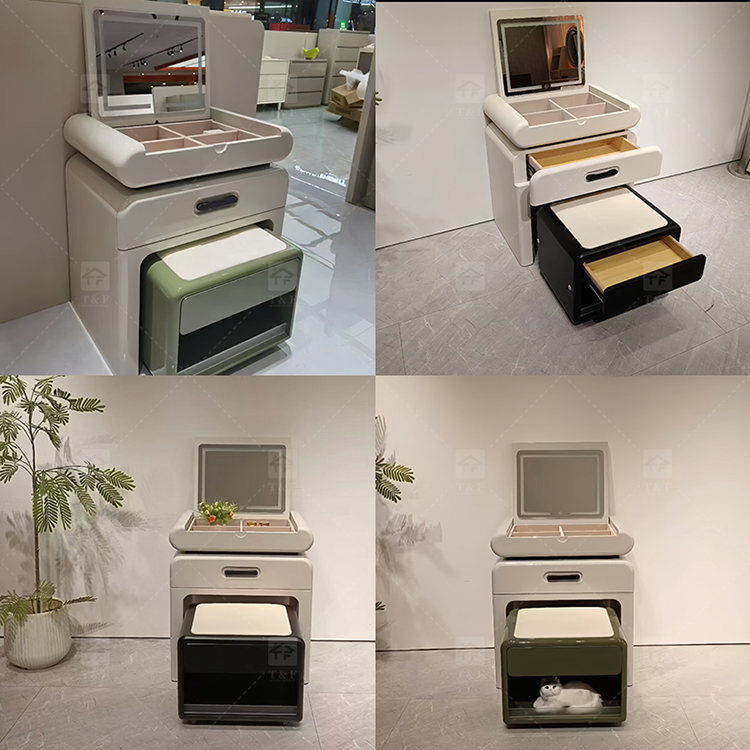 Modern Solid Oak Wood Flip-Top Dressing Table with Square LED Lighted Mirror Hidden Storage Stainless Steel Hardware for Bedroom