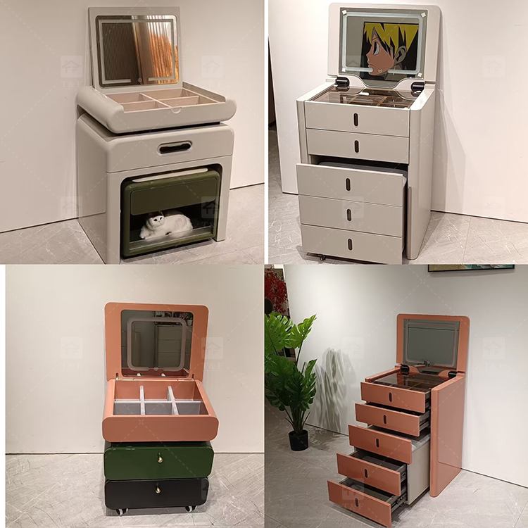 Modern Solid Oak Wood Flip-Top Dressing Table with Square LED Lighted Mirror Hidden Storage Stainless Steel Hardware for Bedroom