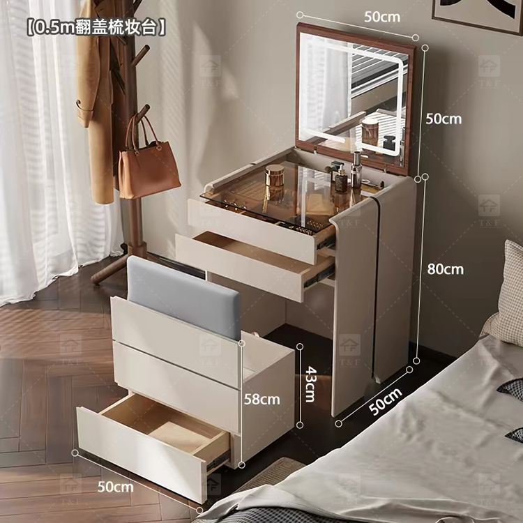 Modern Solid Oak Wood Flip-Top Dressing Table with Square LED Lighted Mirror Hidden Storage Stainless Steel Hardware for Bedroom