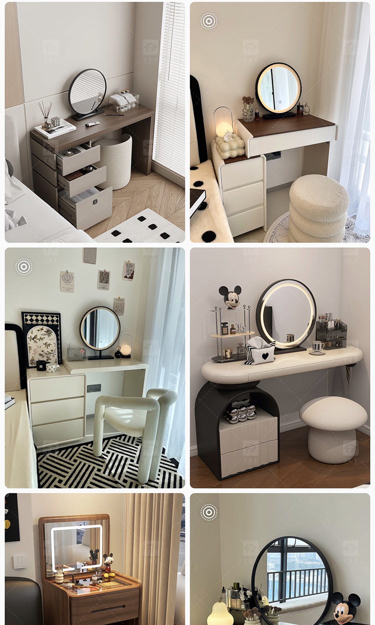 Modern Solid Oak Wood Flip-Top Dressing Table with Square LED Lighted Mirror Hidden Storage Stainless Steel Hardware for Bedroom