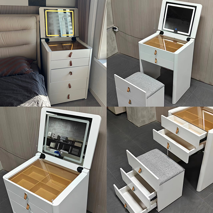 Modern Solid Wood Dressing Table with Flip Top Mirror & Storage Cabinet Multi-functional Makeup Table for Hotel & Bathroom Use
