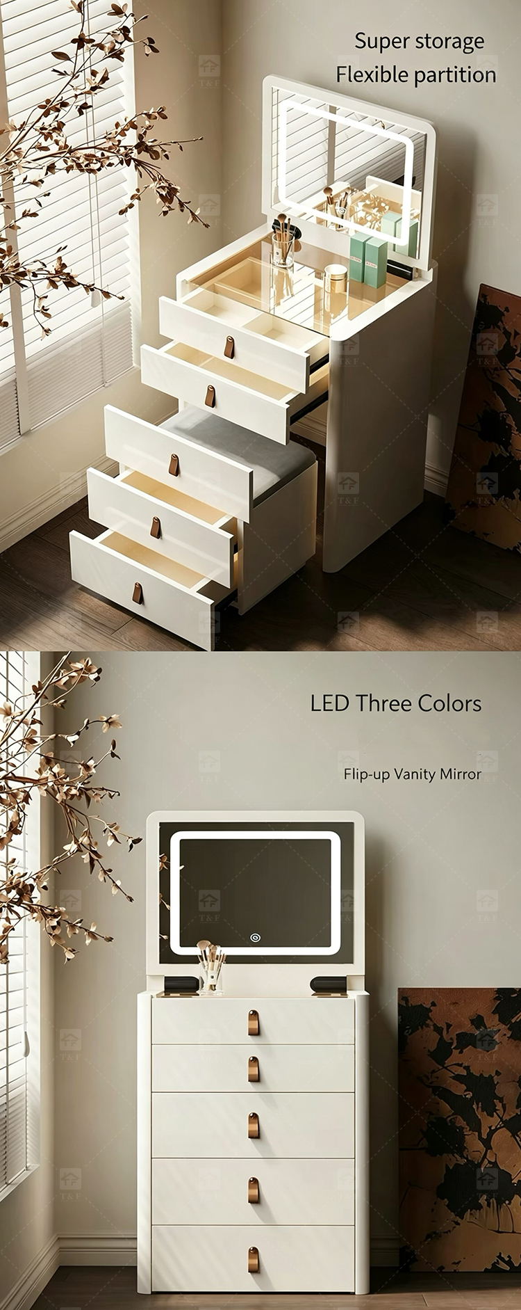 Modern Solid Wood Dressing Table with Flip Top Mirror & Storage Cabinet Multi-functional Makeup Table for Hotel & Bathroom Use