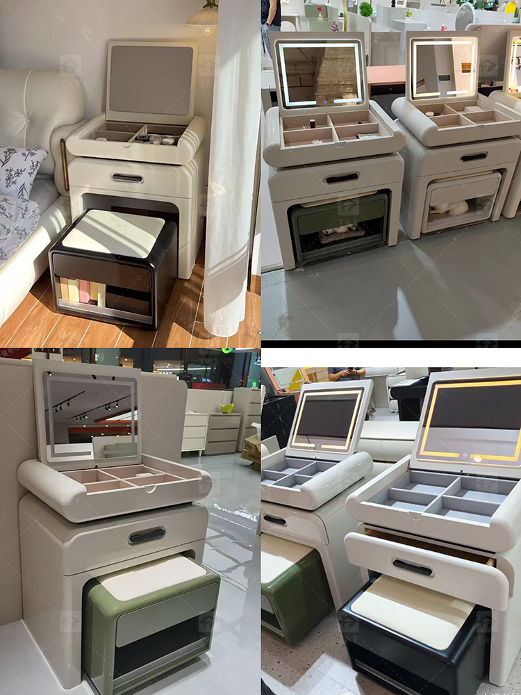 Modern Solid Wood Dressing Table with Flip Top Mirror & Storage Cabinet Multi-functional Makeup Table for Hotel & Bathroom Use