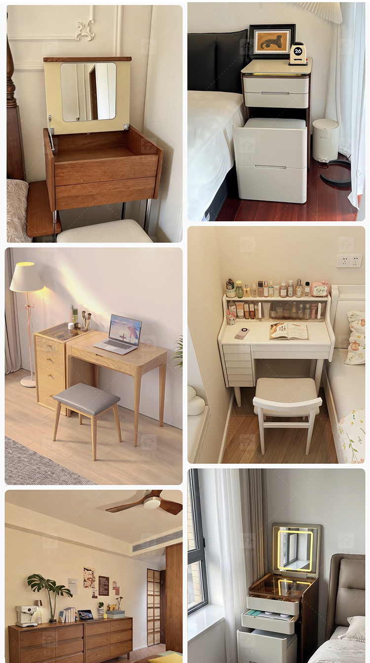Modern Solid Wood Dressing Table with Flip Top Mirror & Storage Cabinet Multi-functional Makeup Table for Hotel & Bathroom Use