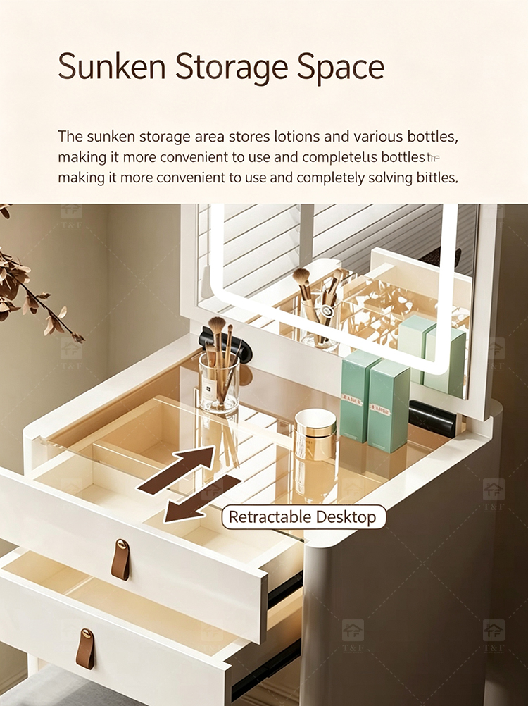 Hot Sale Modern Luxury Brown Oak Wood Dressing Table with Lighted Mirror and LED Light for Bedroom and Bathroom Use