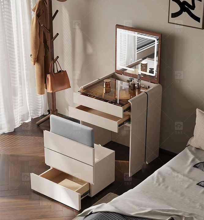 Hot Sale Modern Luxury Brown Oak Wood Dressing Table with Lighted Mirror and LED Light for Bedroom and Bathroom Use