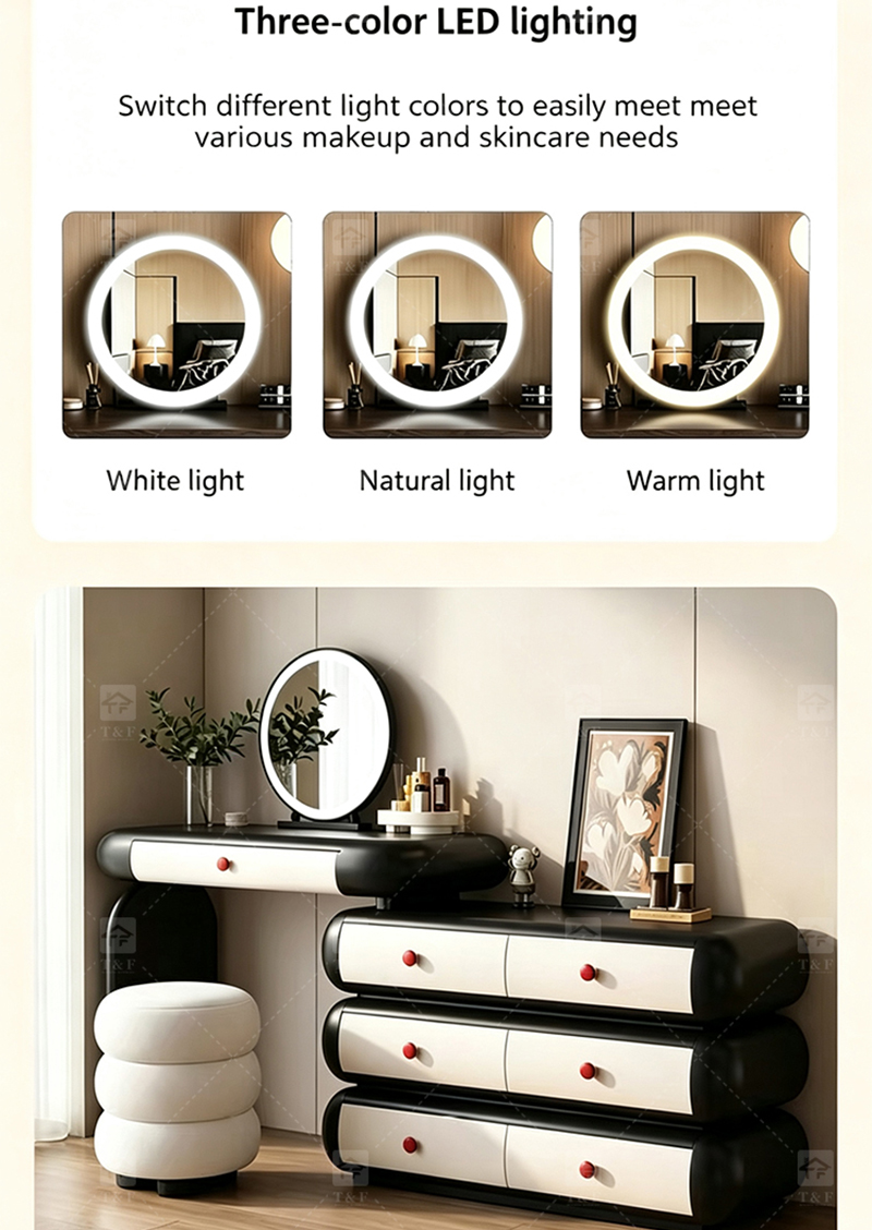 Cloud Style Vanity Table with LED Light Mirror, Rounded Makeup Dressing Table with Drawer Cabinet & Upholstered Stool