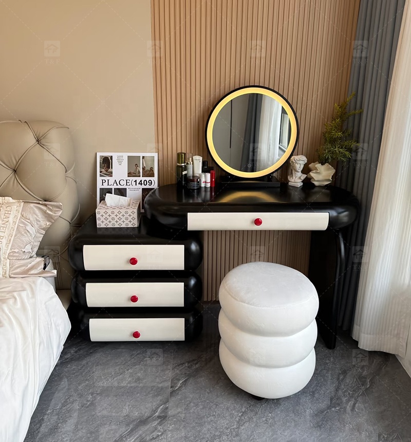 Cloud Style Vanity Table with LED Light Mirror, Rounded Makeup Dressing Table with Drawer Cabinet & Upholstered Stool