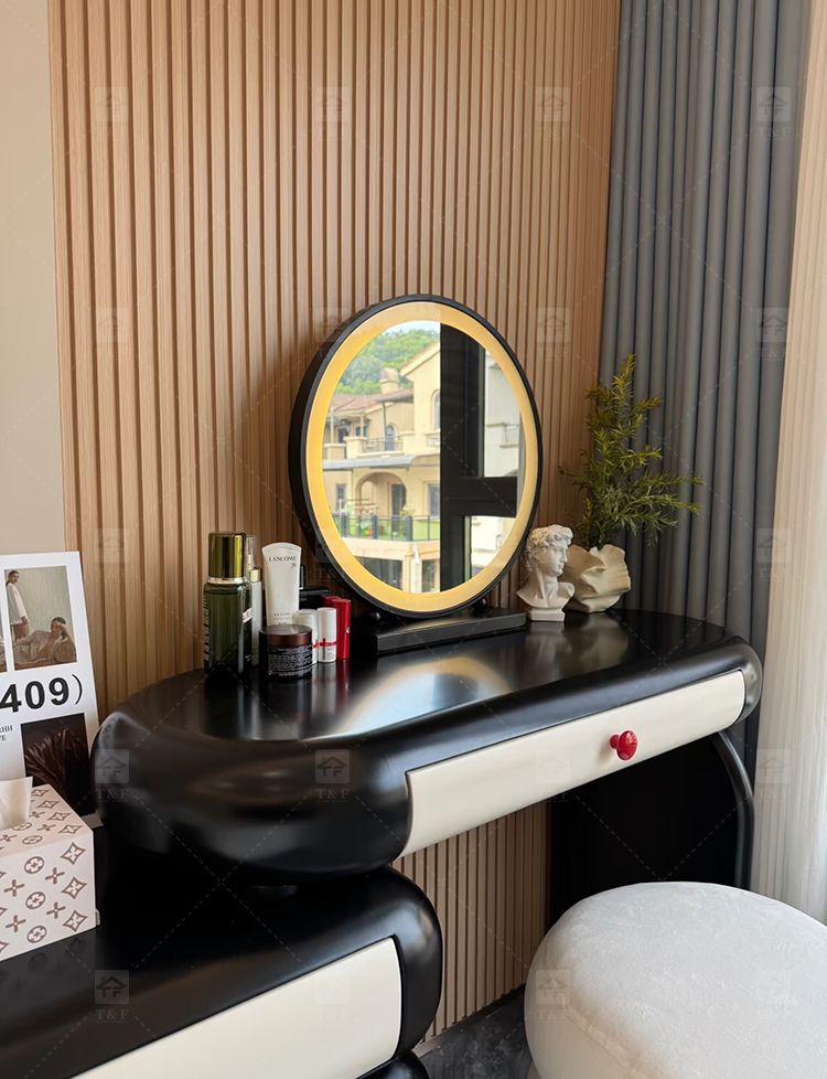 Cloud Style Vanity Table with LED Light Mirror, Rounded Makeup Dressing Table with Drawer Cabinet & Upholstered Stool
