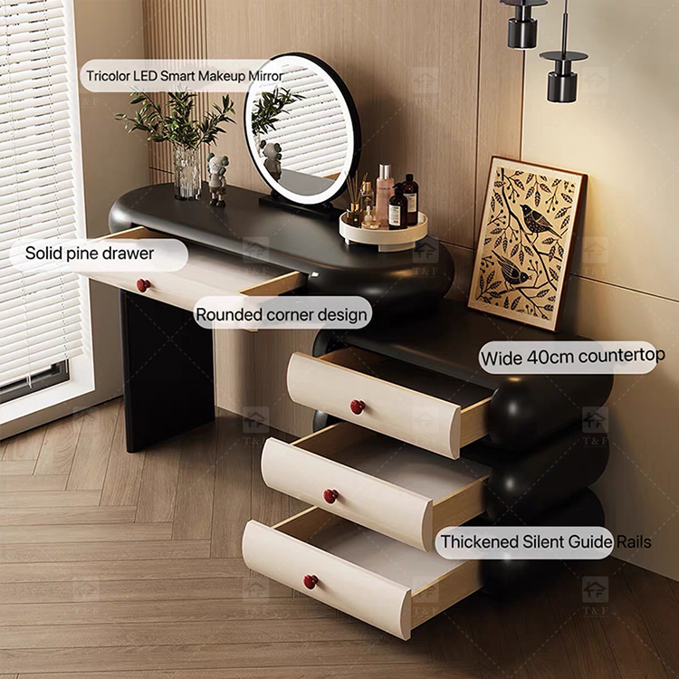 Cloud Style Vanity Table with LED Light Mirror, Rounded Makeup Dressing Table with Drawer Cabinet & Upholstered Stool