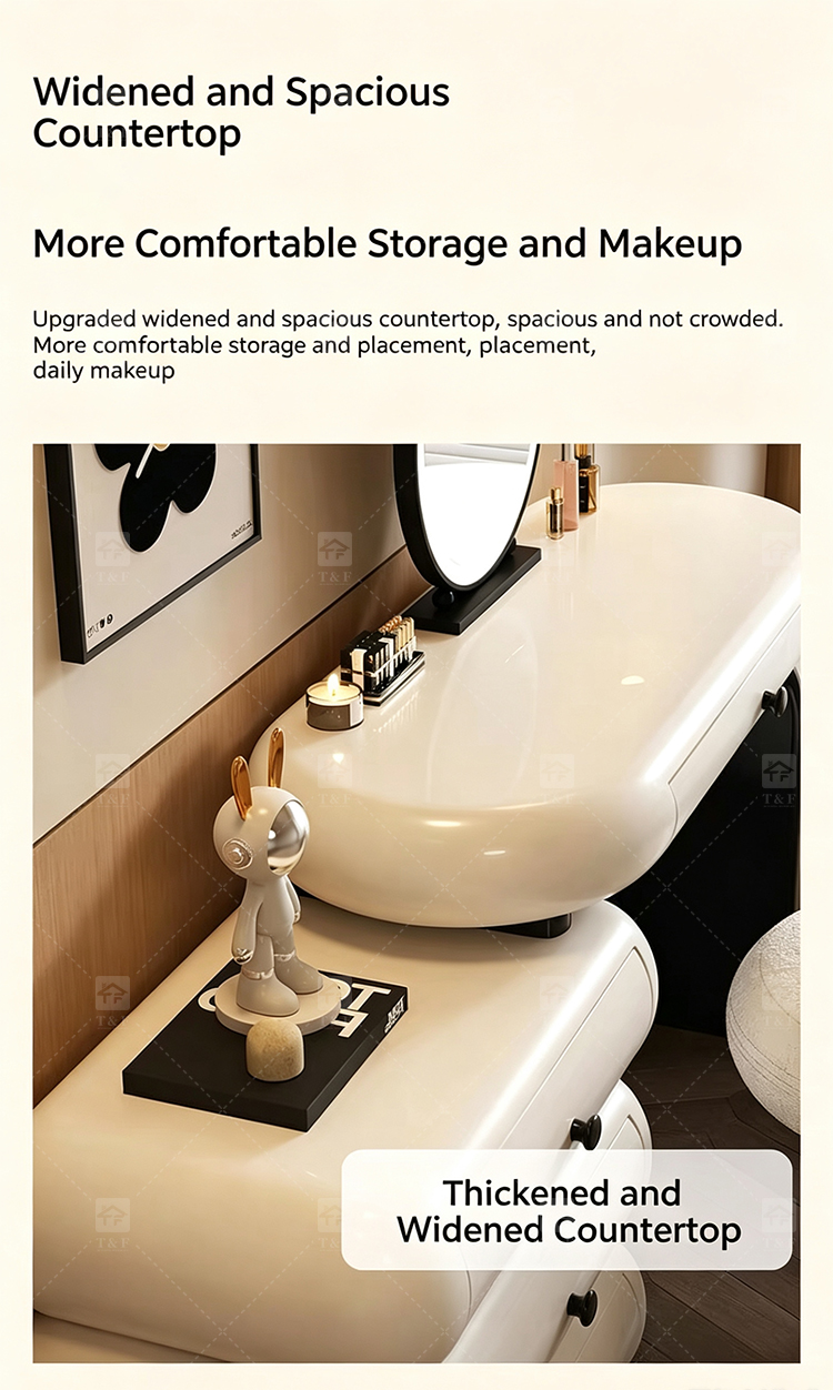 Cloud Style Vanity Table with LED Light Mirror, Rounded Makeup Dressing Table with Drawer Cabinet & Upholstered Stool
