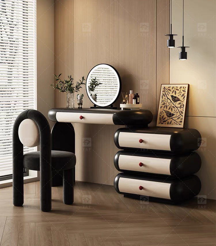 Cloud Style Vanity Table with LED Light Mirror, Rounded Makeup Dressing Table with Drawer Cabinet & Upholstered Stool