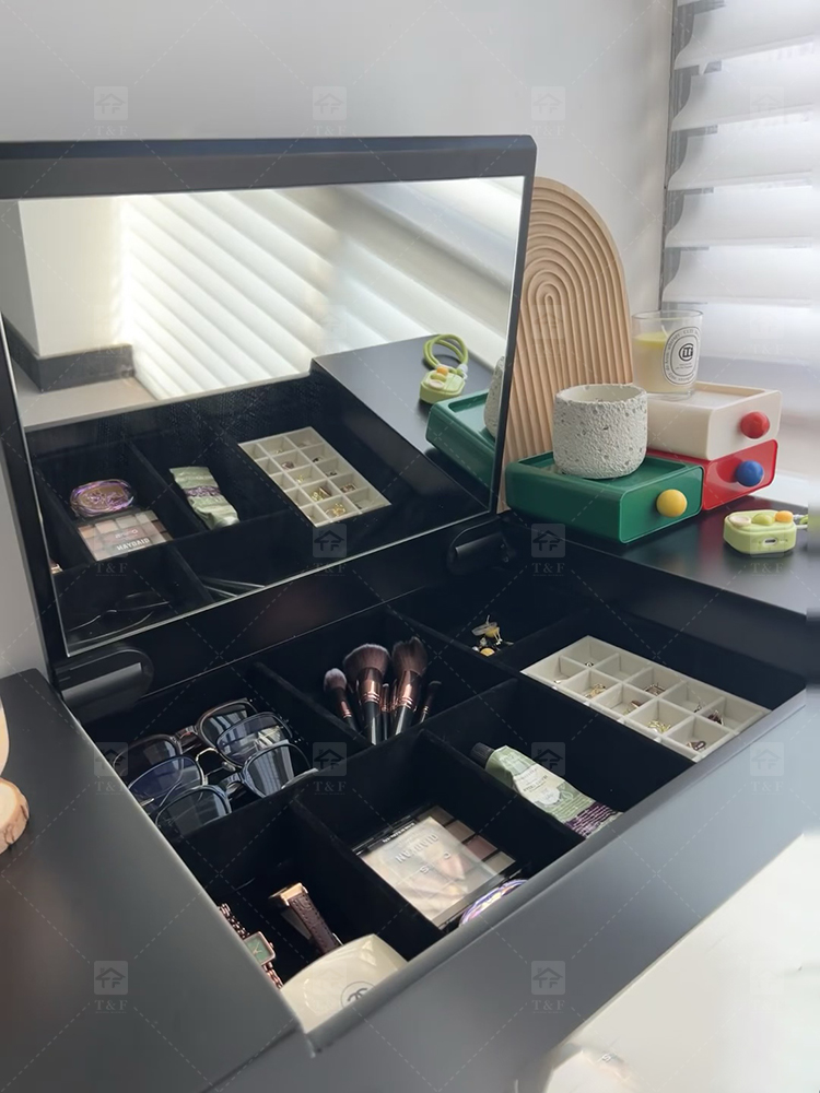 Modern Lighted Flip Top Vanity Mirror Cabinet Multi-functional Desktop Storage Box for Jewelry Cosmetics Bedroom Bathroom Use