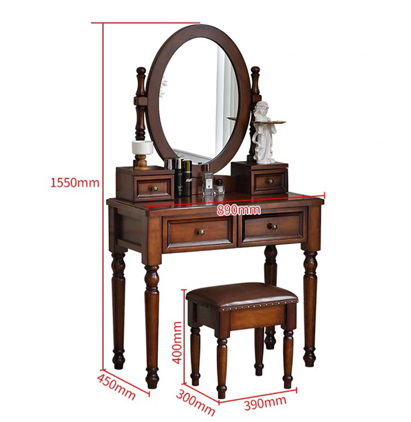 Modern Walnut Brown Makeup Vanity Set Standing Lighted Mirror Stool Turned Legs Bedroom Dressing Table for Bathroom/Living Room