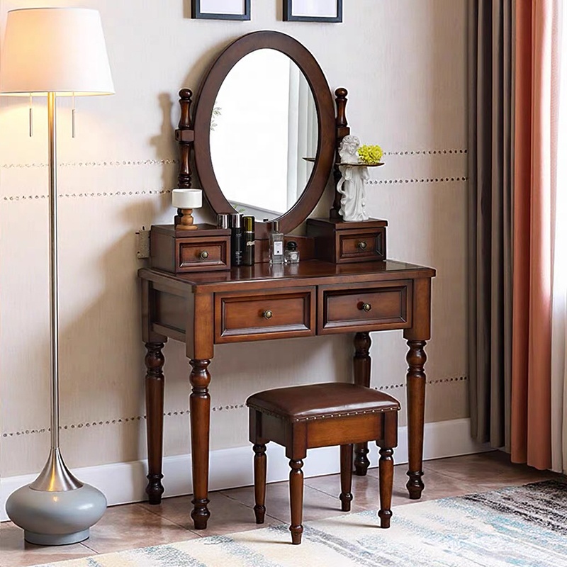Modern Walnut Brown Makeup Vanity Set Standing Lighted Mirror Stool Turned Legs Bedroom Dressing Table for Bathroom/Living Room