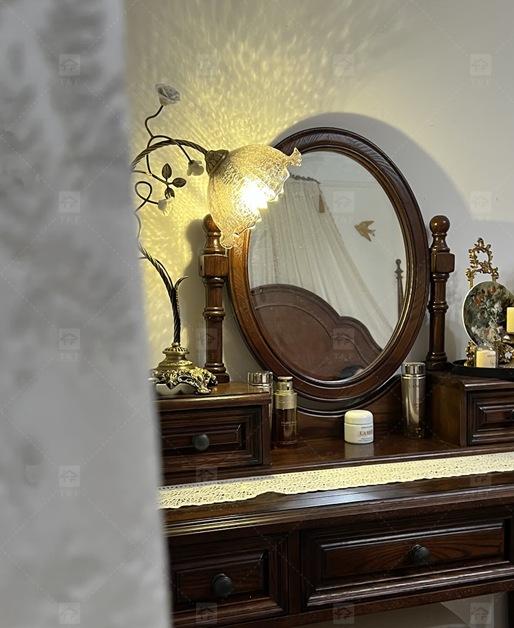 Modern Walnut Brown Makeup Vanity Set Standing Lighted Mirror Stool Turned Legs Bedroom Dressing Table for Bathroom/Living Room