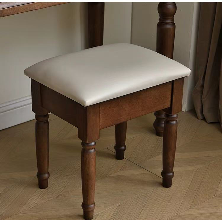 Modern Walnut Brown Makeup Vanity Set Standing Lighted Mirror Stool Turned Legs Bedroom Dressing Table for Bathroom/Living Room