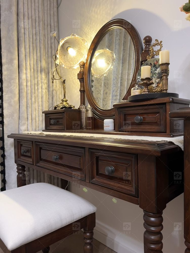 Modern Walnut Brown Makeup Vanity Set Standing Lighted Mirror Stool Turned Legs Bedroom Dressing Table for Bathroom/Living Room
