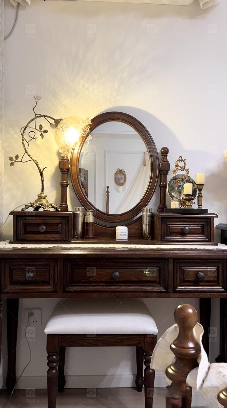 Modern Walnut Brown Makeup Vanity Set Standing Lighted Mirror Stool Turned Legs Bedroom Dressing Table for Bathroom/Living Room