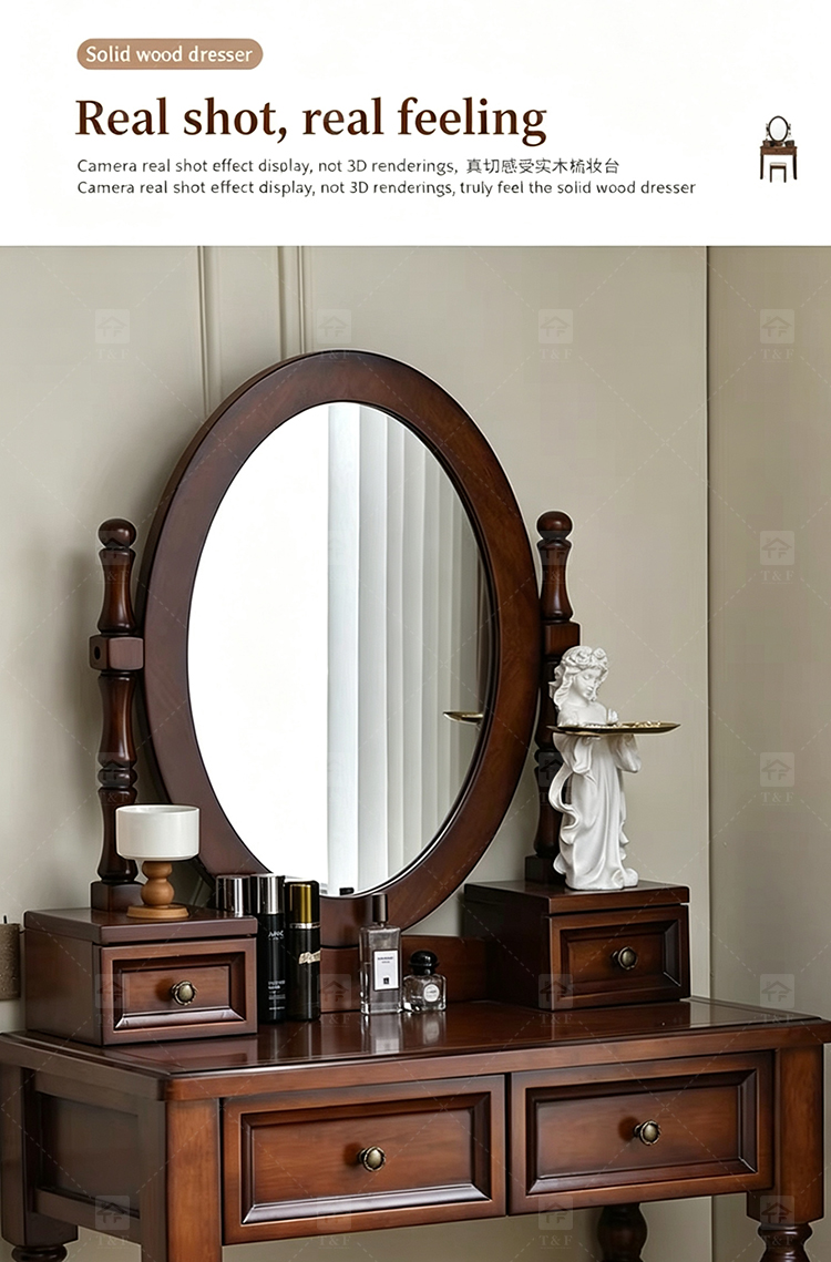 Modern Walnut Brown Makeup Vanity Set Standing Lighted Mirror Stool Turned Legs Bedroom Dressing Table for Bathroom/Living Room