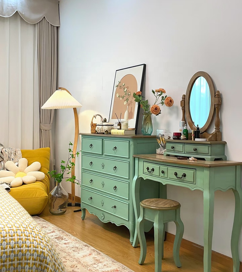 Modern Durable Mint Green Solid Wood Dressing Table Set with Mirror Stool for Bedroom Bathroom & Living Room Makeup Vanity