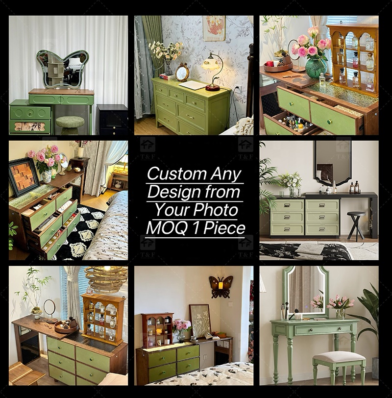 Modern Durable Mint Green Solid Wood Dressing Table Set with Mirror Stool for Bedroom Bathroom & Living Room Makeup Vanity