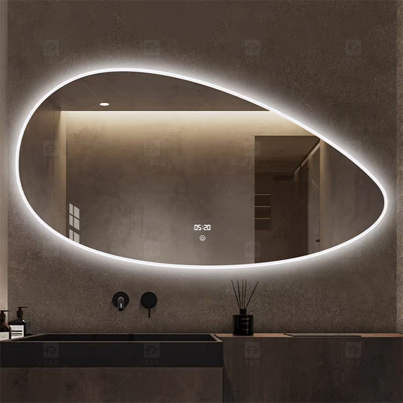 Smart LED Bathroom Light Miroir Irregular Oval Waterproof Backlit Vanity Wall Mirror with Defogger Touch Sensor Switch