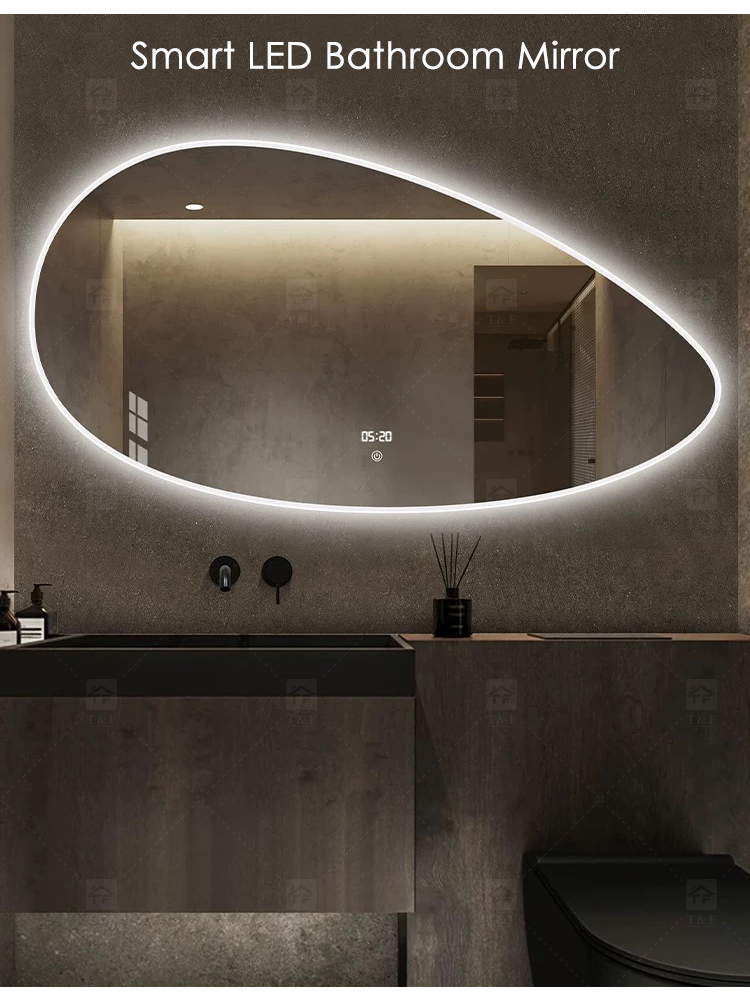 Smart LED Bathroom Light Miroir Irregular Oval Waterproof Backlit Vanity Wall Mirror with Defogger Touch Sensor Switch