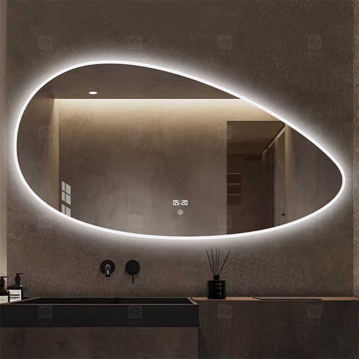 Smart LED Bathroom Light Miroir Irregular Oval Waterproof Backlit Vanity Wall Mirror with Defogger Touch Sensor Switch