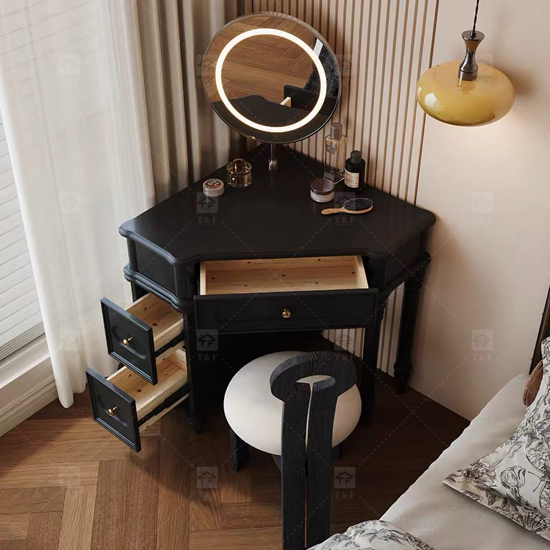 Wholesale Modern Triangle Corner Vanity Table Set LED Light Mirror Storage Drawers Stool Small Space Bedroom Hotel Use