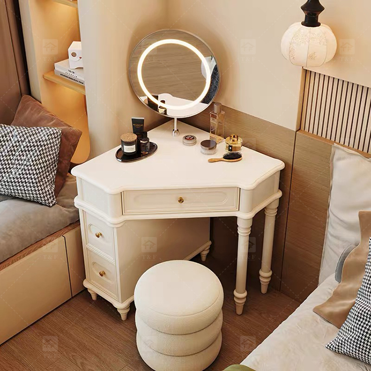 Wholesale Modern Triangle Corner Vanity Table Set LED Light Mirror Storage Drawers Stool Small Space Bedroom Hotel Use