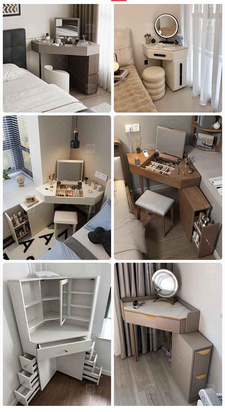 Wholesale Modern Triangle Corner Vanity Table Set LED Light Mirror Storage Drawers Stool Small Space Bedroom Hotel Use
