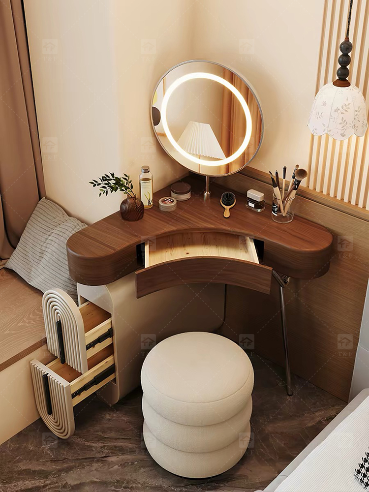 Wholesale Modern Triangle Corner Vanity Table Set LED Light Mirror Storage Drawers Stool Small Space Bedroom Hotel Use