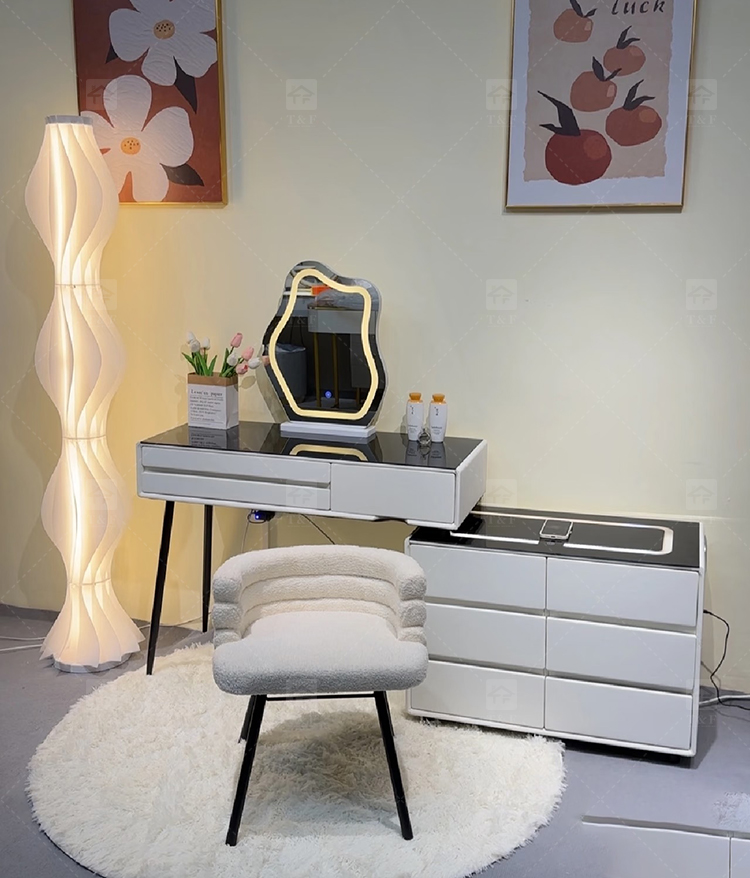 Modern Light Luxury Smart Vanity Dressing Table LED Mirror Wireless Charging Bluetooth Speaker Storage Cabinet Hotel Bedroom