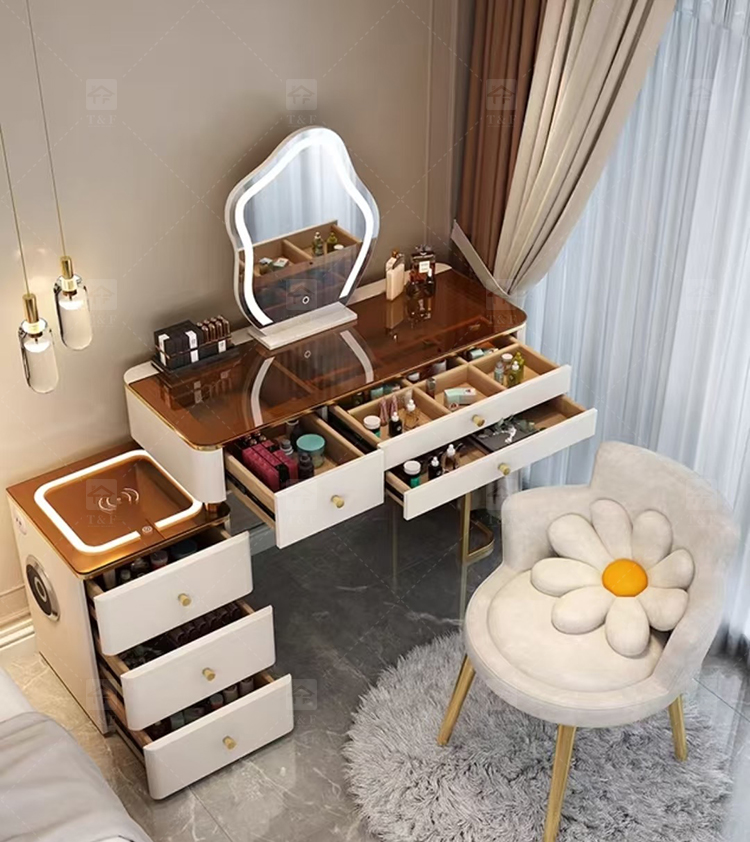 Modern Light Luxury Smart Vanity Dressing Table LED Mirror Wireless Charging Bluetooth Speaker Storage Cabinet Hotel Bedroom