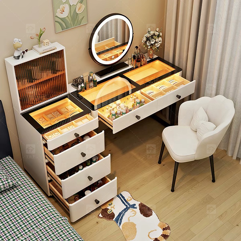 Modern Lighted Ins Aesthetic Cream White Makeup Dressing Table Tempered Glass Top Dustproof Jewelry Storage Bedroom Bathroom