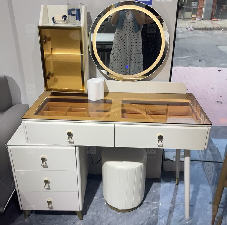 Modern Lighted Ins Aesthetic Cream White Makeup Dressing Table Tempered Glass Top Dustproof Jewelry Storage Bedroom Bathroom
