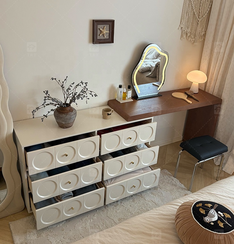 Modern Lighted Solid Wood Makeup Vanity Chest Round Anti-collision Corner Storage Cabinet for Bedroom & Bathroom Use