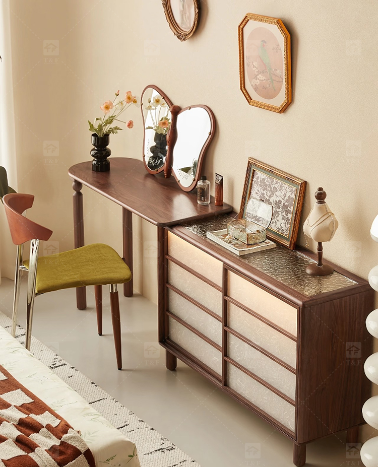 Modern Lighted Solid Wood Makeup Vanity Chest Round Anti-collision Corner Storage Cabinet for Bedroom & Bathroom Use